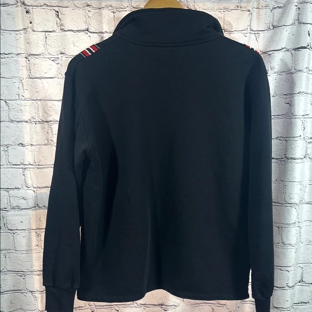 Red and Black Zip Up Sweater with Striking Stripes